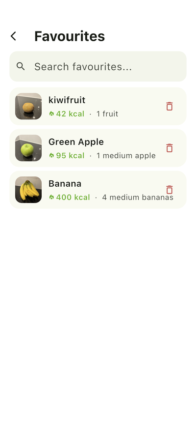 Favourites screen listing saved food items with photos, calories, and portion sizes