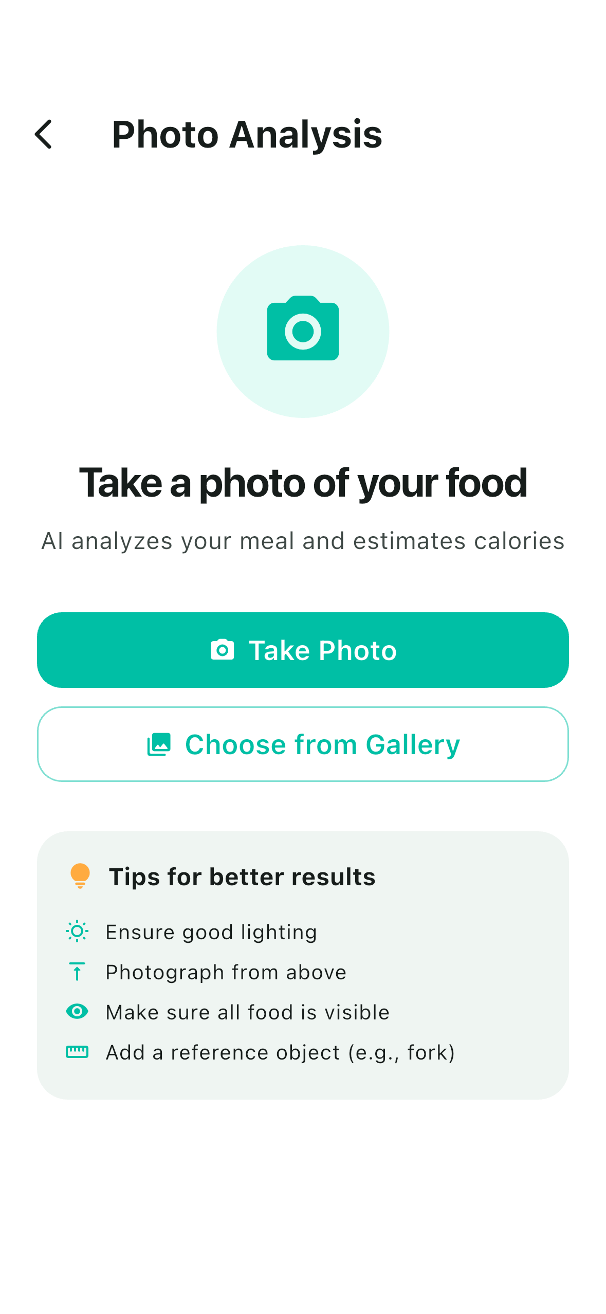 Photo analysis screen with Take Photo button, Choose from Gallery option, and tips for better results